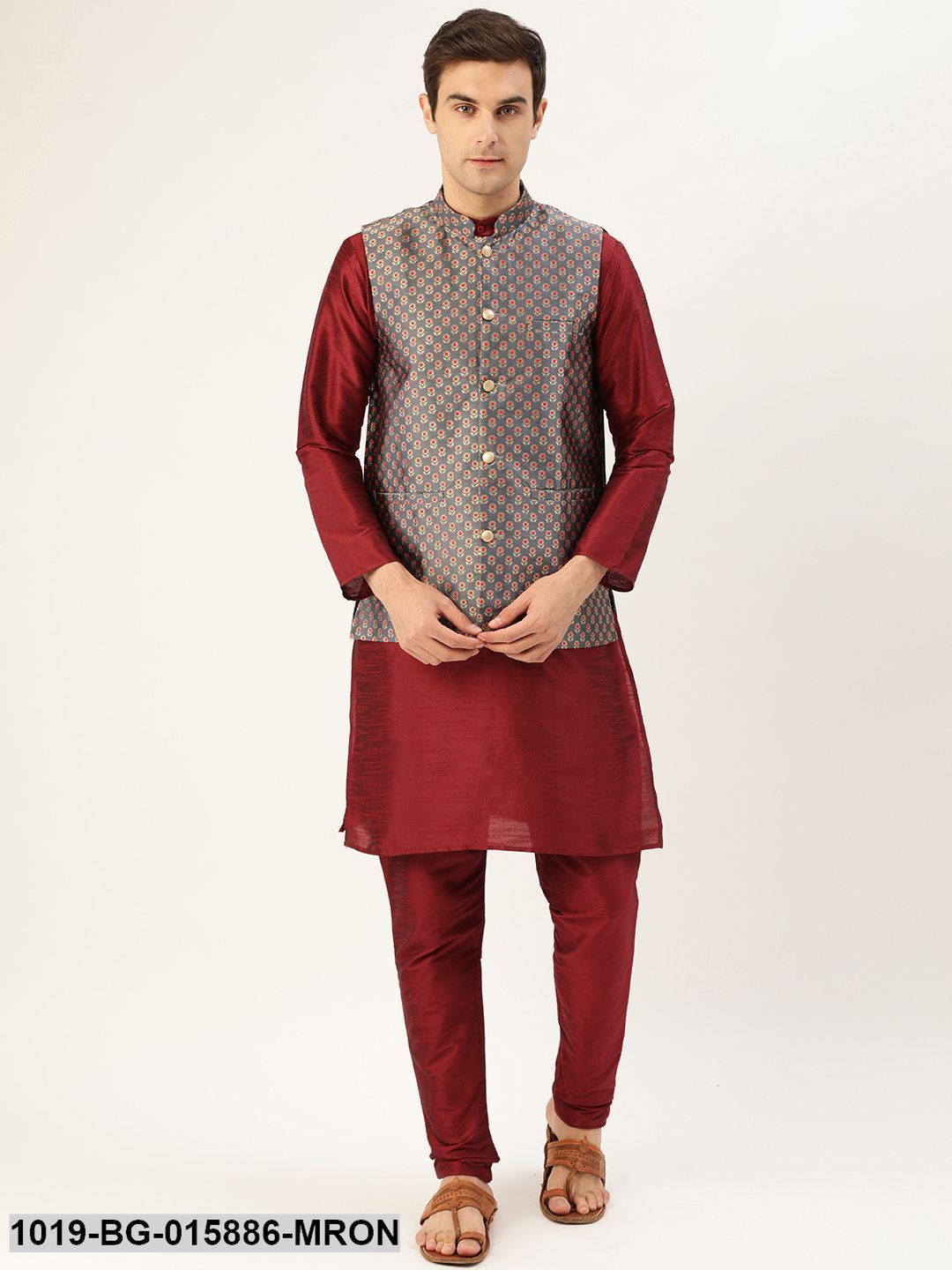 Men's Silk Blend Maroon Kurta Pyjama & Charcoal Grey Nehru jacket Combo