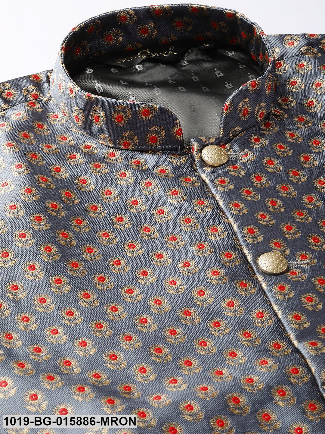 Men's Silk Blend Maroon Kurta Pyjama & Charcoal Grey Nehru jacket Combo