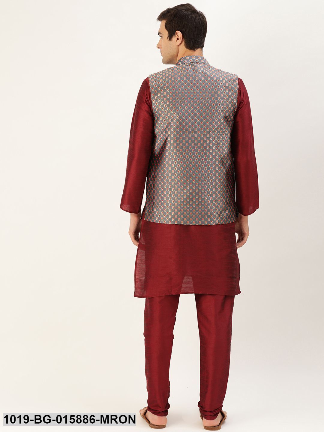 Men's Silk Blend Maroon Kurta Pyjama & Charcoal Grey Nehru jacket Combo