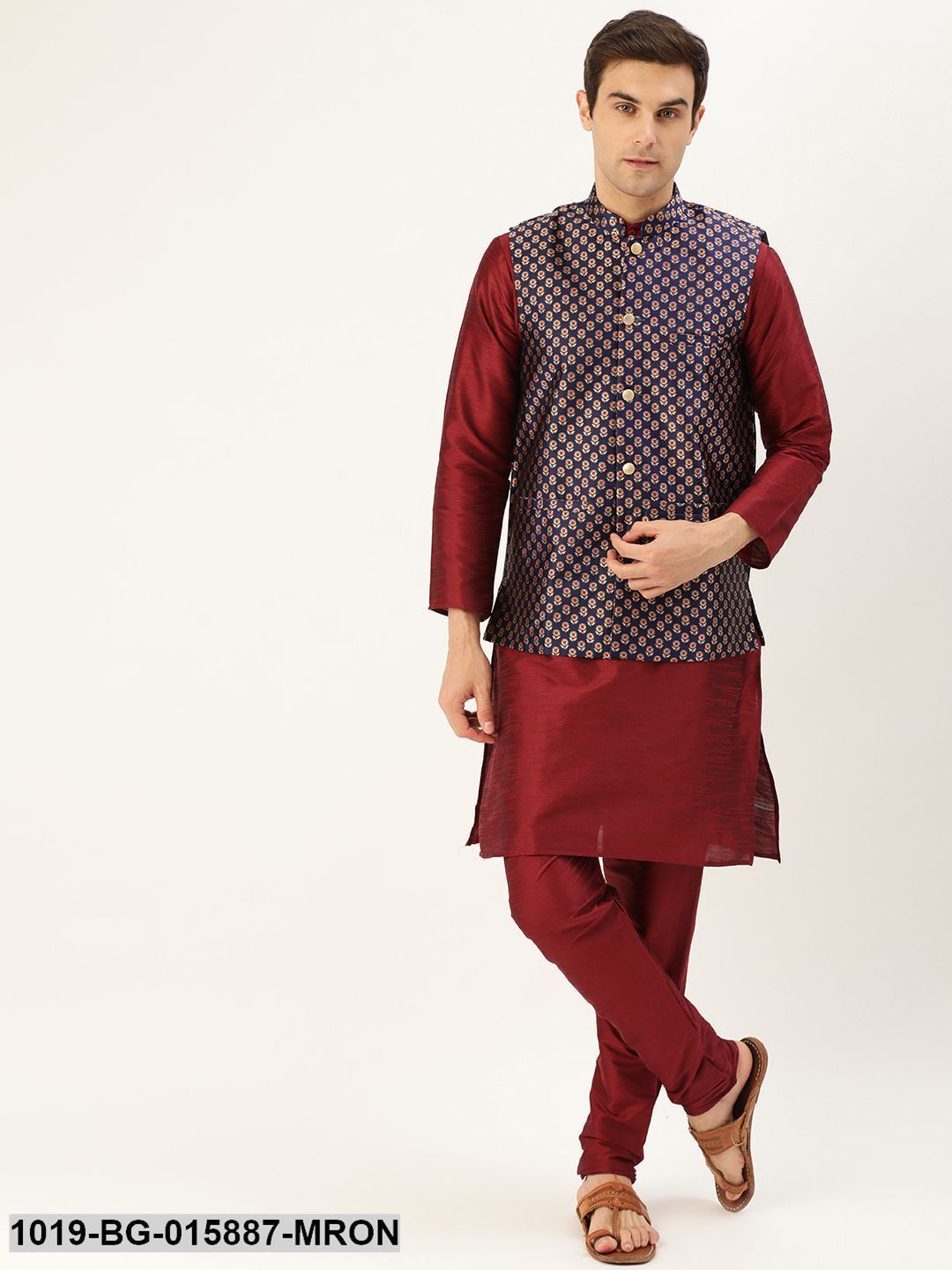 Men's Silk Blend Maroon Kurta Pyjama & Navy Blue Nehru jacket Combo