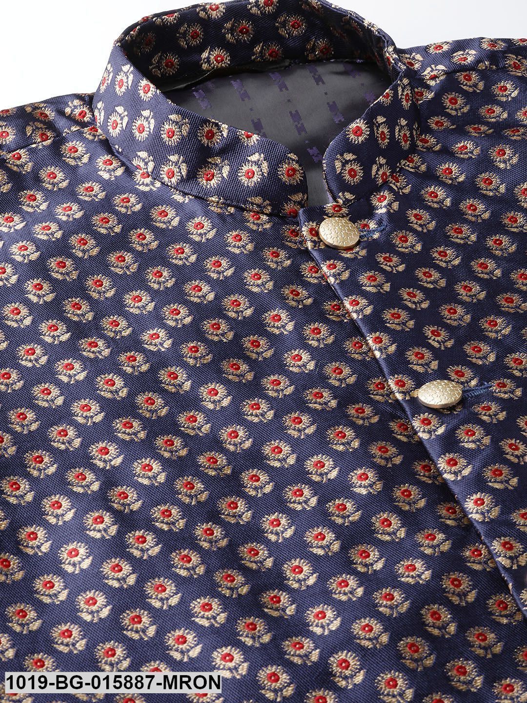 Men's Silk Blend Maroon Kurta Pyjama & Navy Blue Nehru jacket Combo