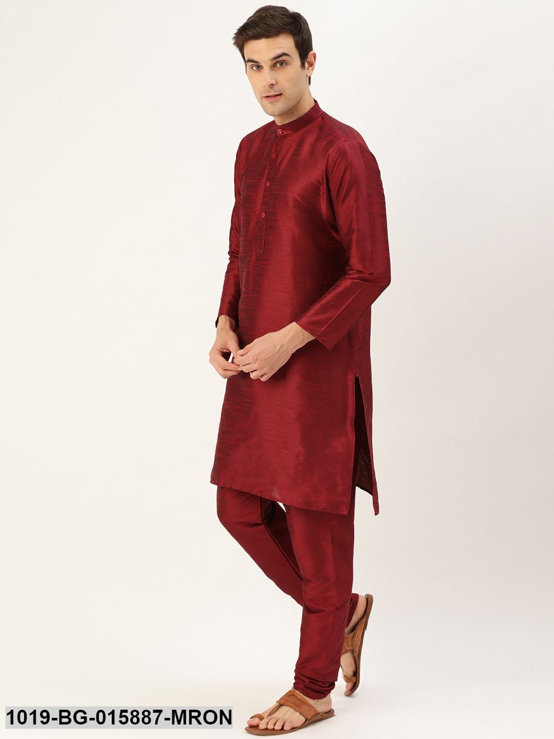 Men's Silk Blend Maroon Kurta Pyjama & Navy Blue Nehru jacket Combo