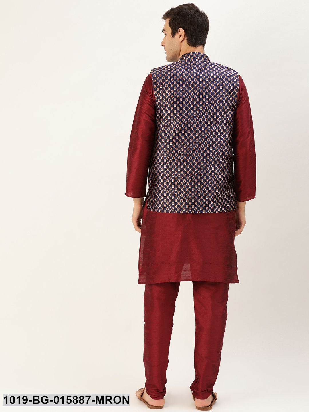 Men's Silk Blend Maroon Kurta Pyjama & Navy Blue Nehru jacket Combo