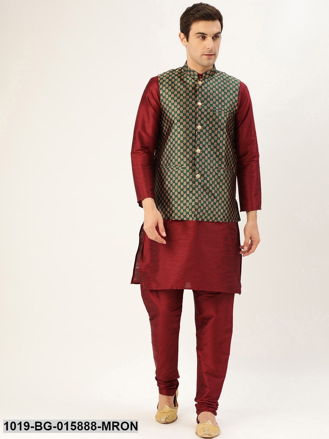Men's Silk Blend Maroon Kurta Pyjama & Dark Green Nehru jacket Combo