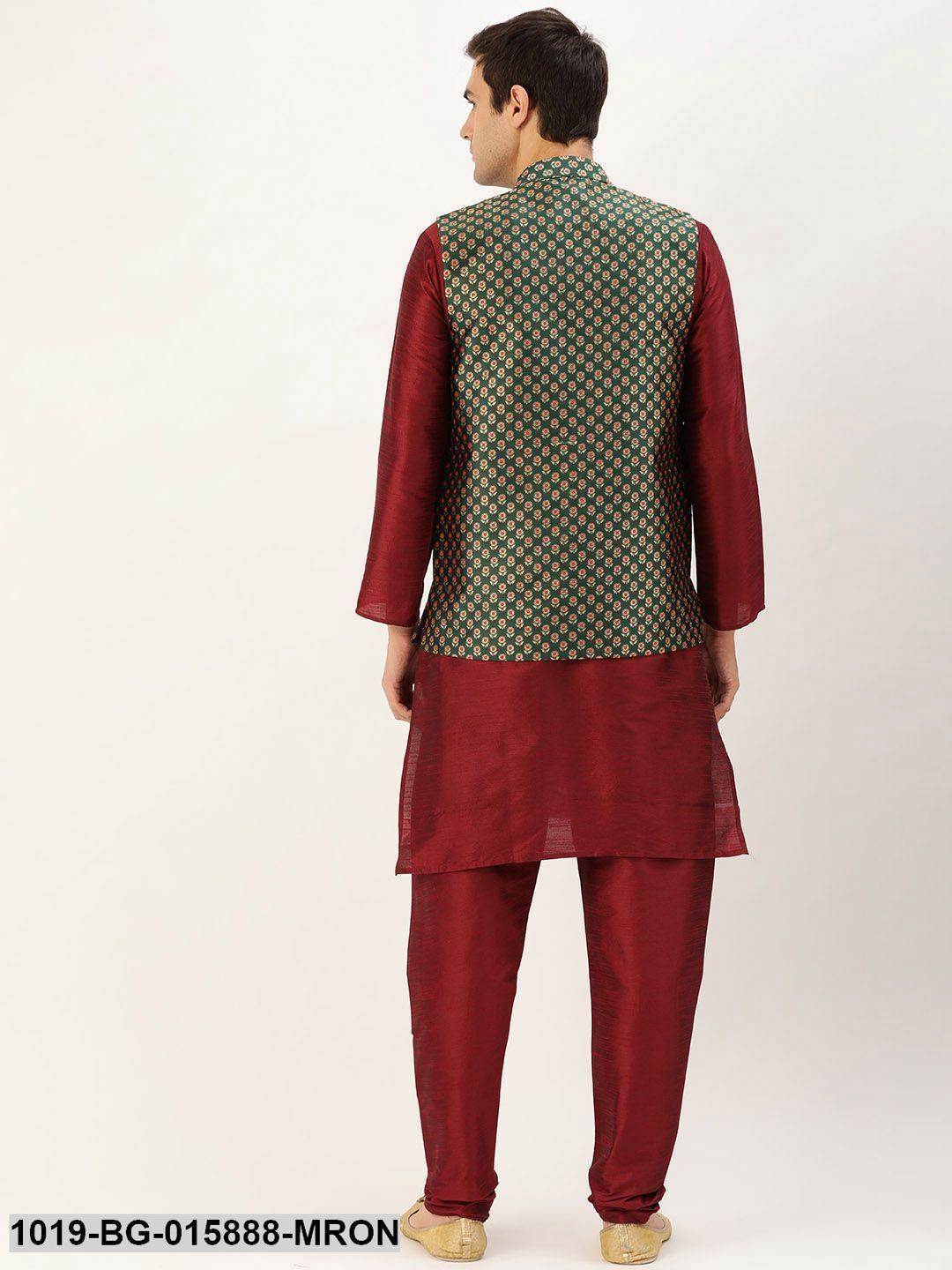 Men's Silk Blend Maroon Kurta Pyjama & Dark Green Nehru jacket Combo