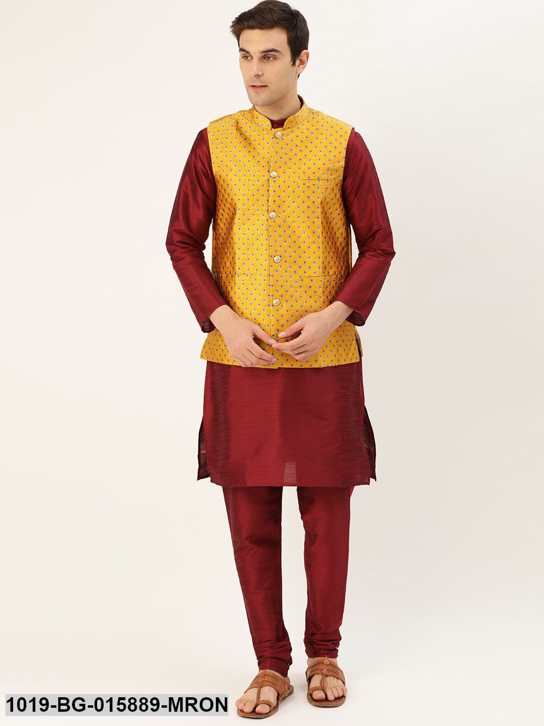 Men's Silk Blend Maroon Kurta Pyjama & Mustard Nehru jacket Combo
