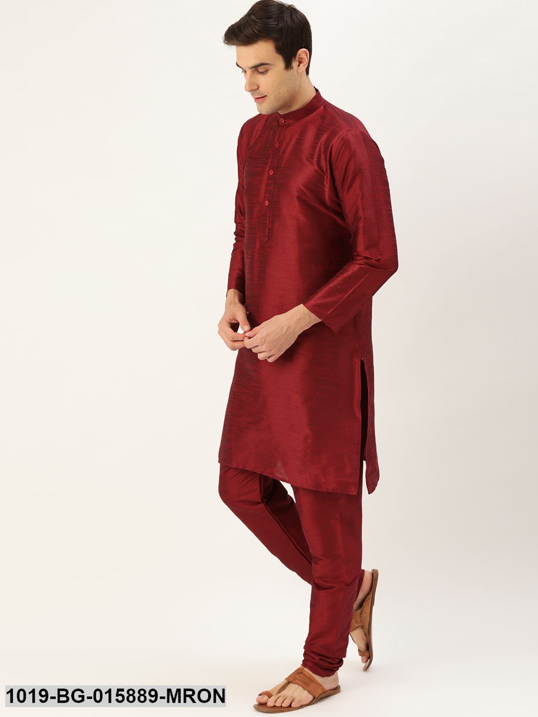 Men's Silk Blend Maroon Kurta Pyjama & Mustard Nehru jacket Combo
