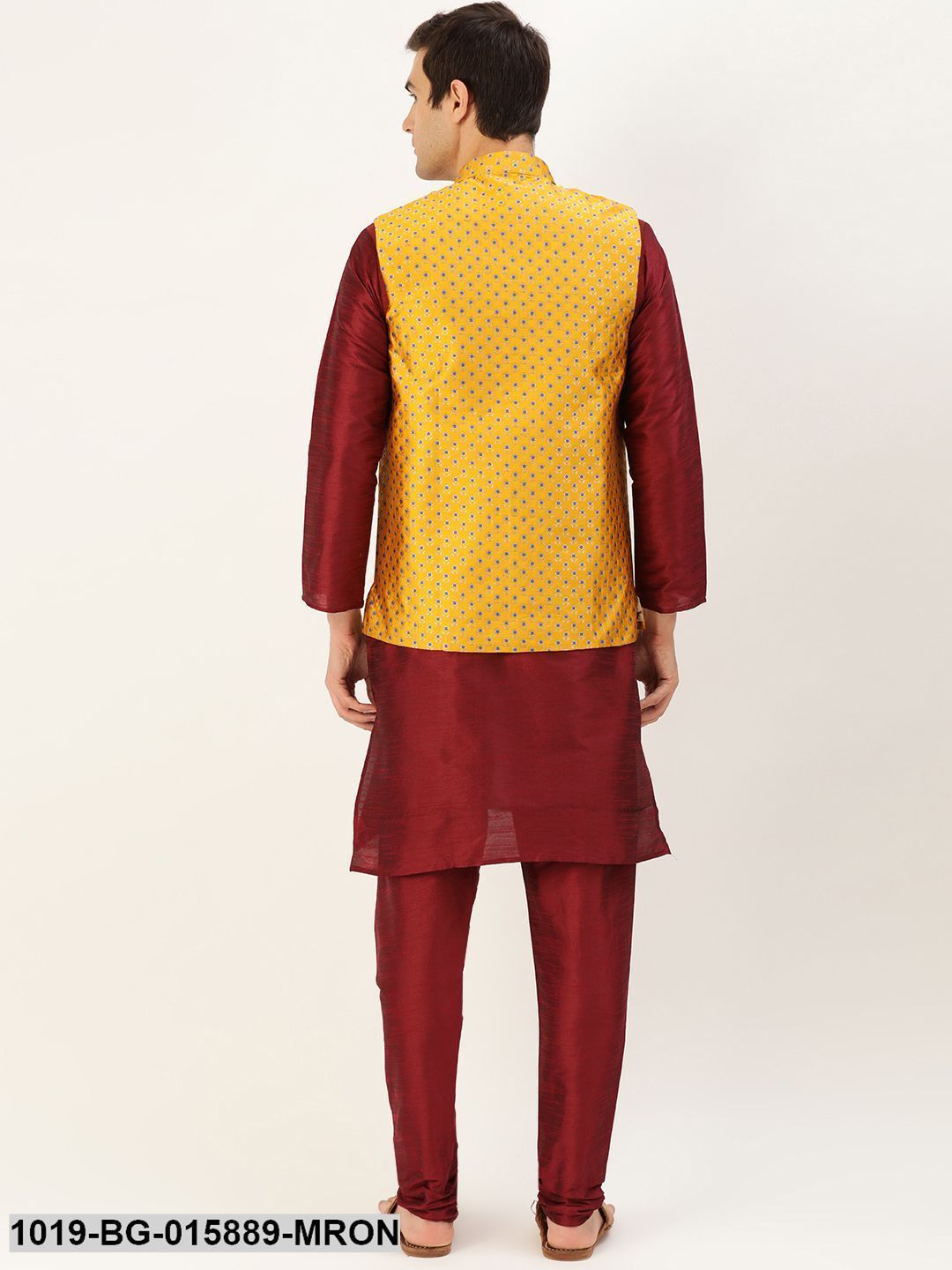 Men's Silk Blend Maroon Kurta Pyjama & Mustard Nehru jacket Combo