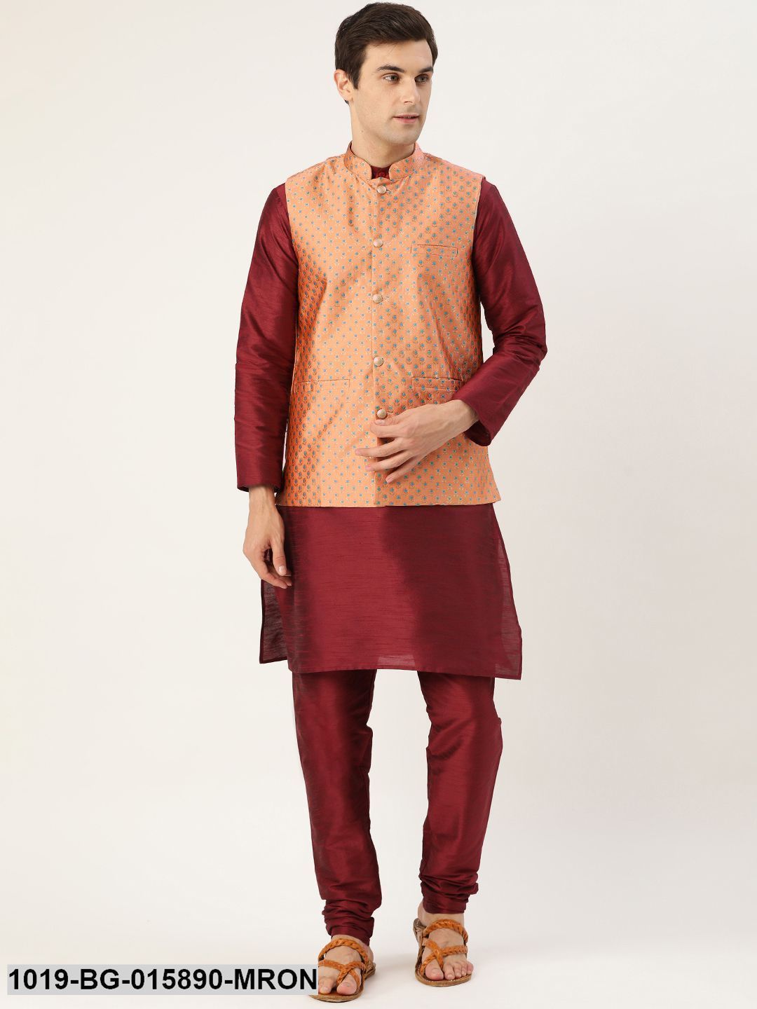 Men's Silk Blend Maroon Kurta Pyjama & Peach Nehru jacket Combo