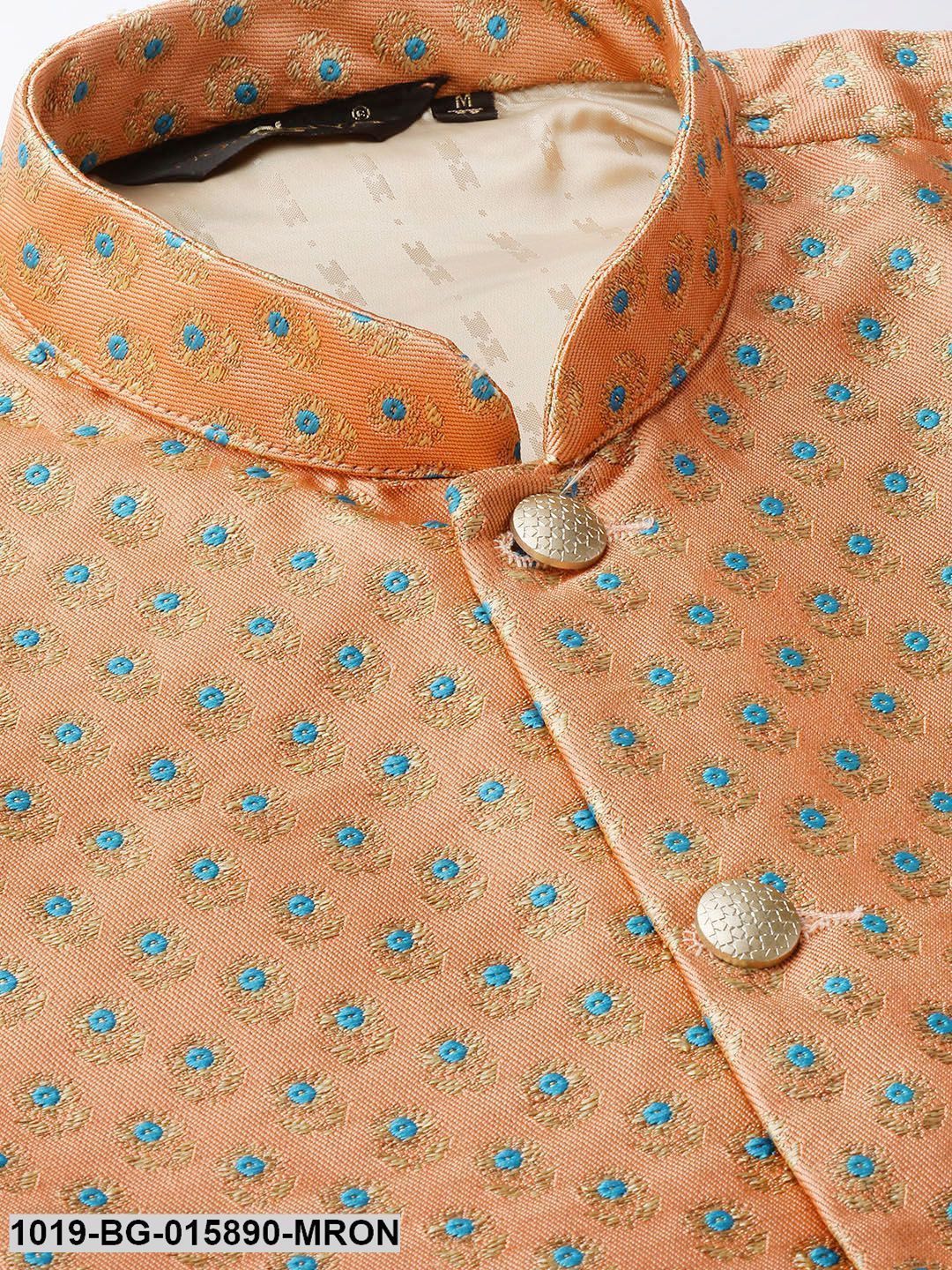 Men's Silk Blend Maroon Kurta Pyjama & Peach Nehru jacket Combo