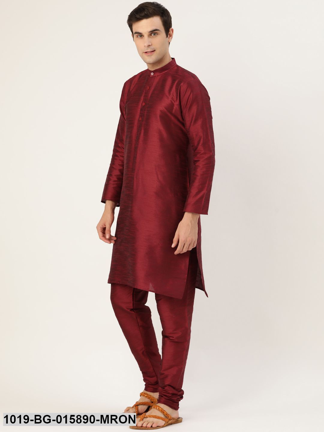Men's Silk Blend Maroon Kurta Pyjama & Peach Nehru jacket Combo