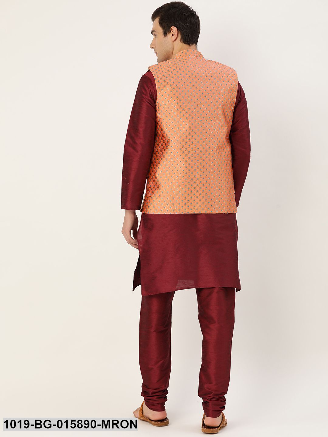 Men's Silk Blend Maroon Kurta Pyjama & Peach Nehru jacket Combo