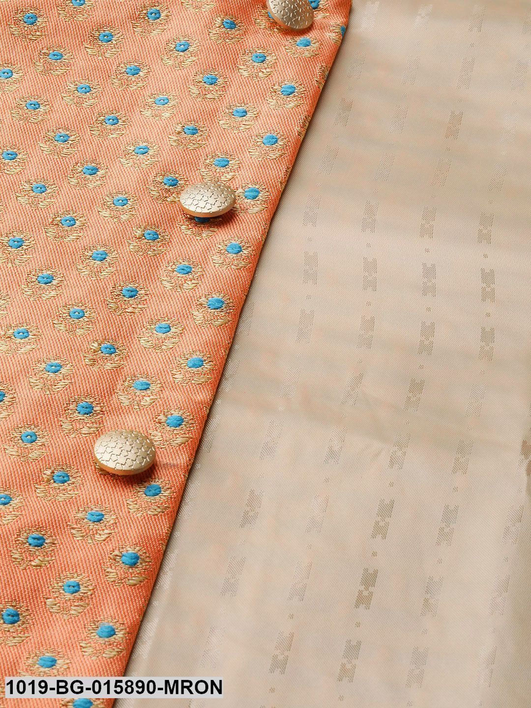 Men's Silk Blend Maroon Kurta Pyjama & Peach Nehru jacket Combo