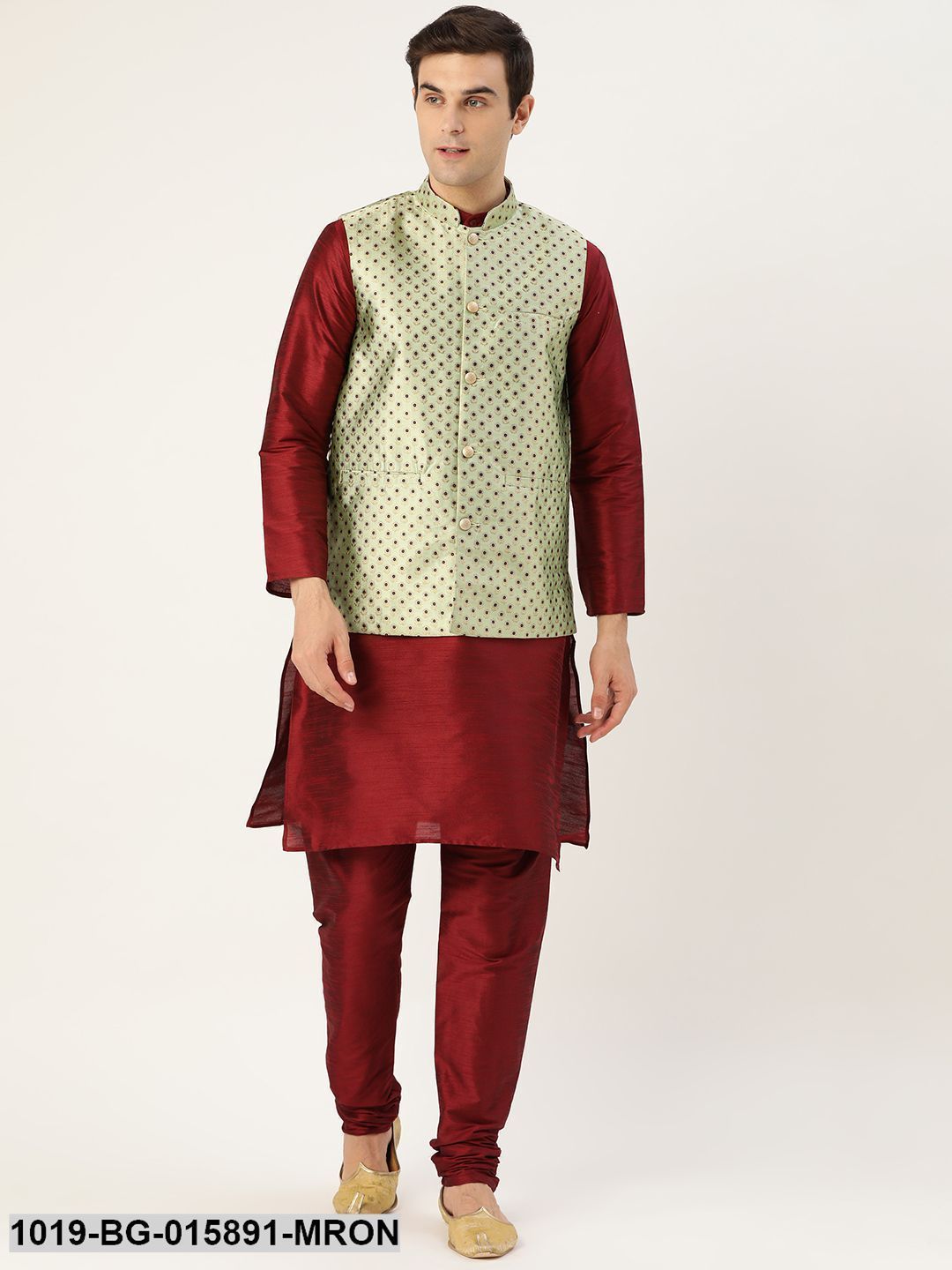 Men's Silk Blend Maroon Kurta Pyjama & Pista Green Nehru jacket Combo
