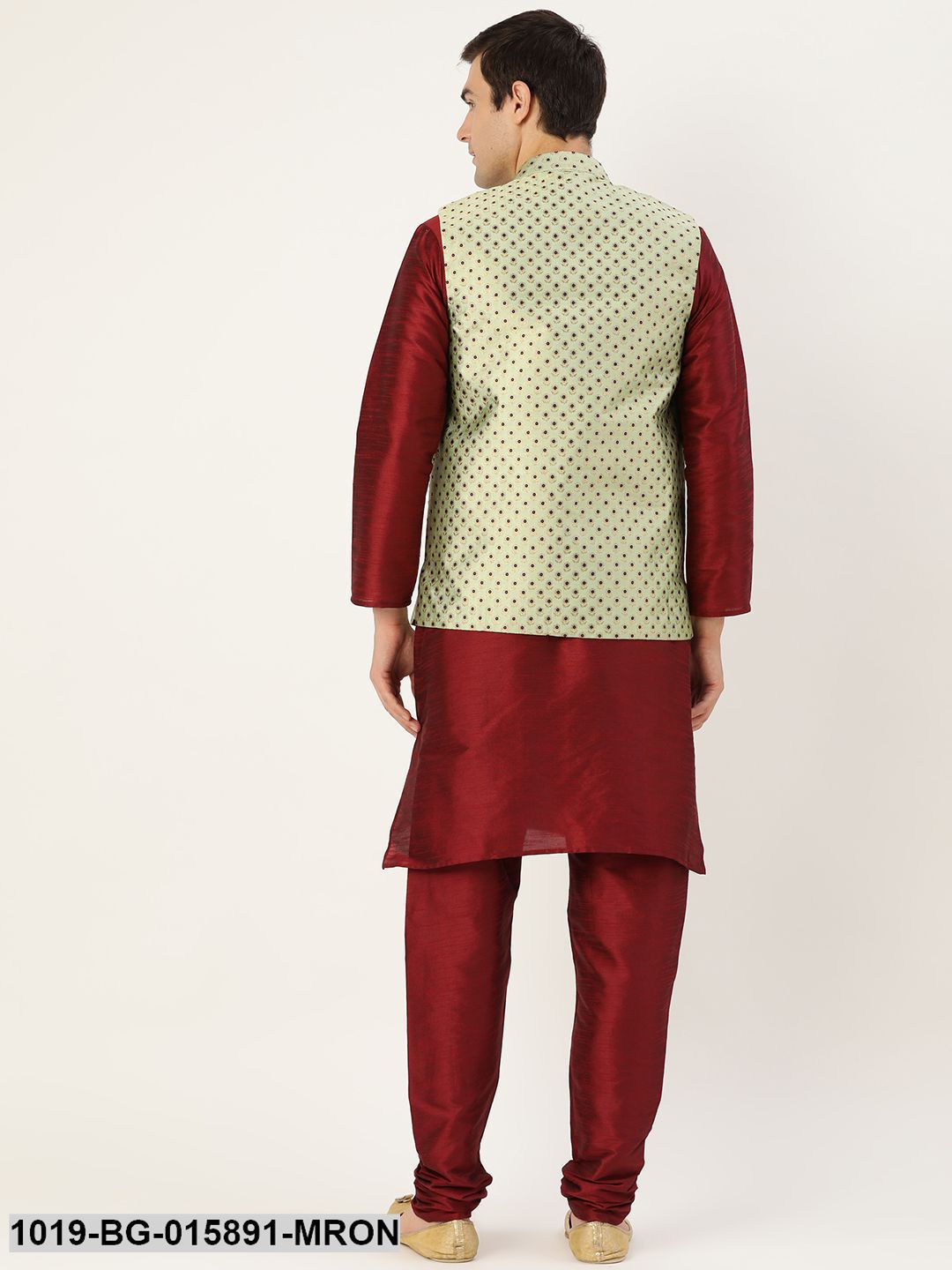 Men's Silk Blend Maroon Kurta Pyjama & Pista Green Nehru jacket Combo