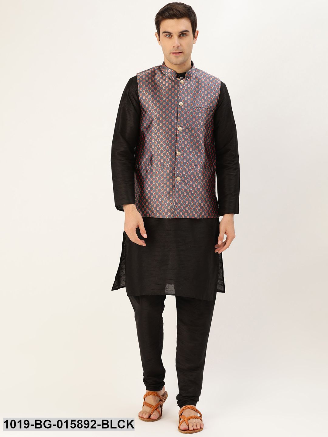 Men's Silk Blend Black Kurta Pyjama & Charcoal Grey Nehru jacket Combo