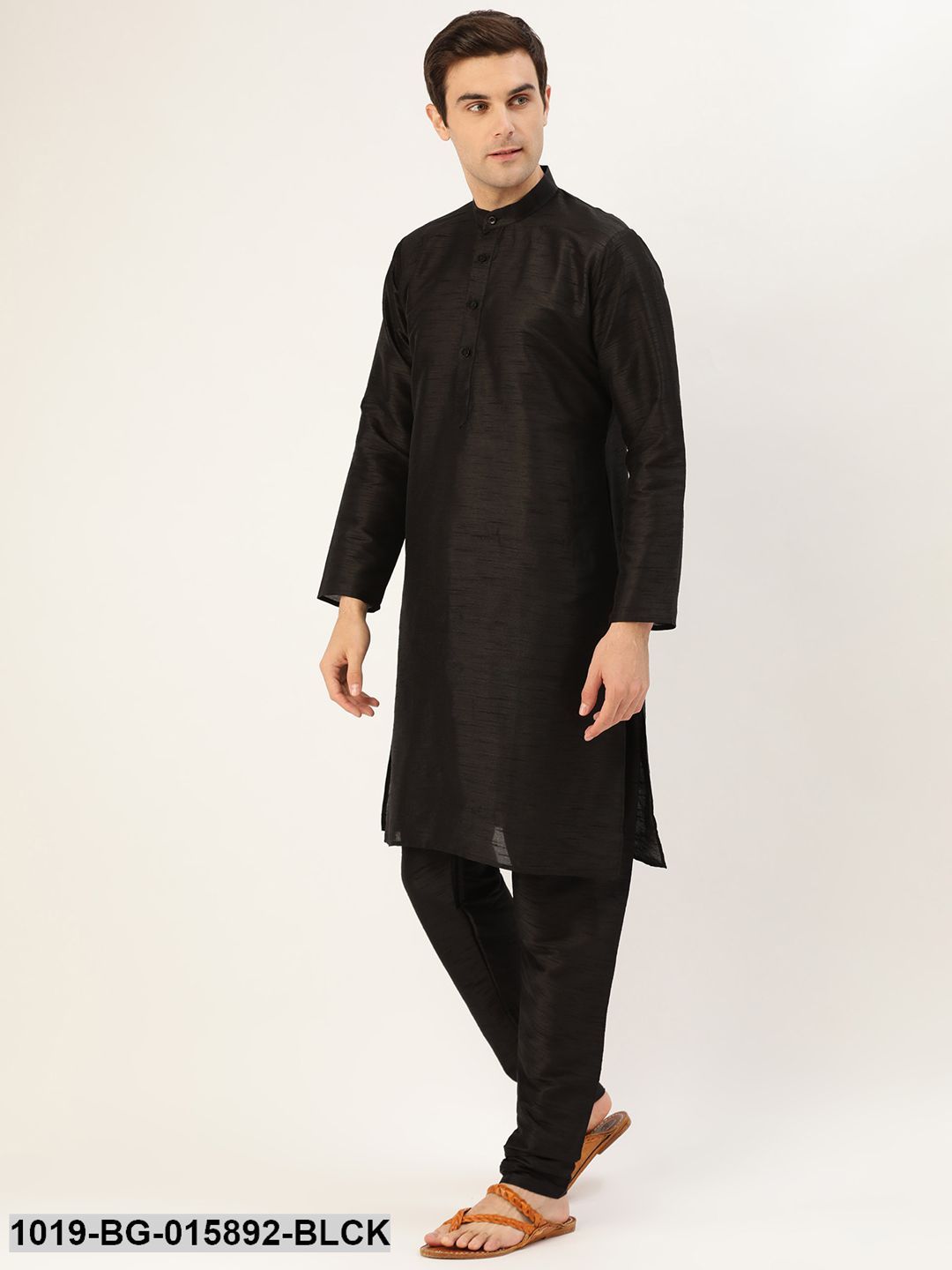 Men's Silk Blend Black Kurta Pyjama & Charcoal Grey Nehru jacket Combo