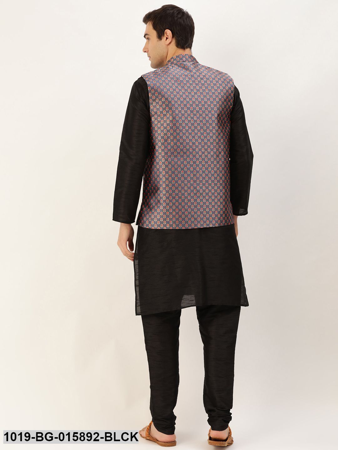 Men's Silk Blend Black Kurta Pyjama & Charcoal Grey Nehru jacket Combo