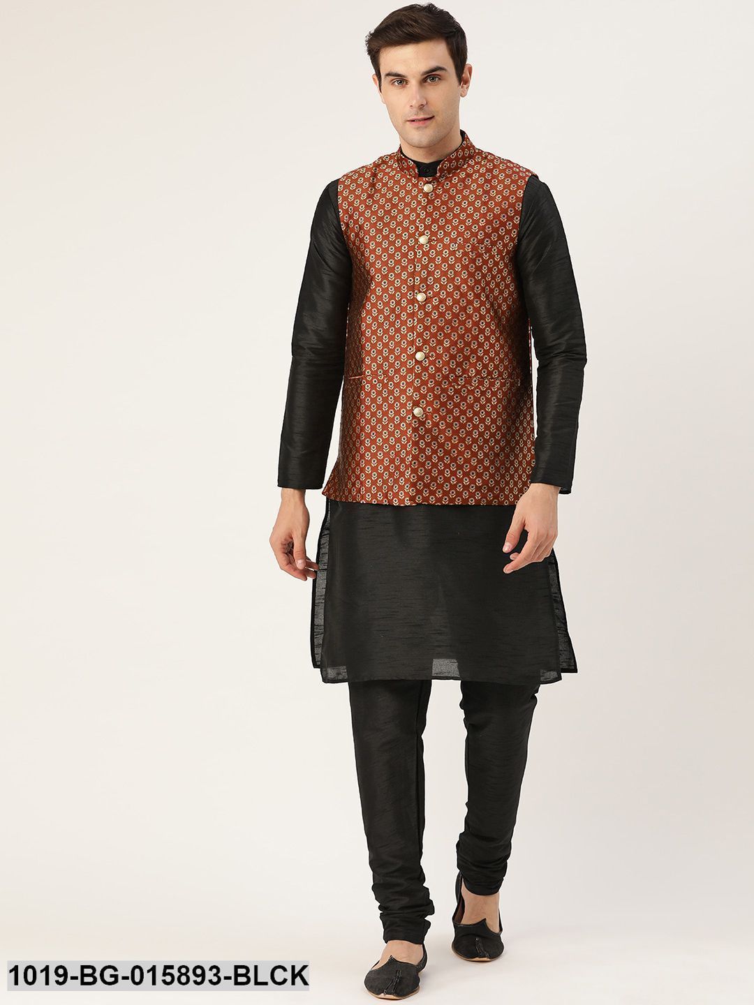 Men's Silk Blend Black Kurta Pyjama & Maroon Nehru jacket Combo