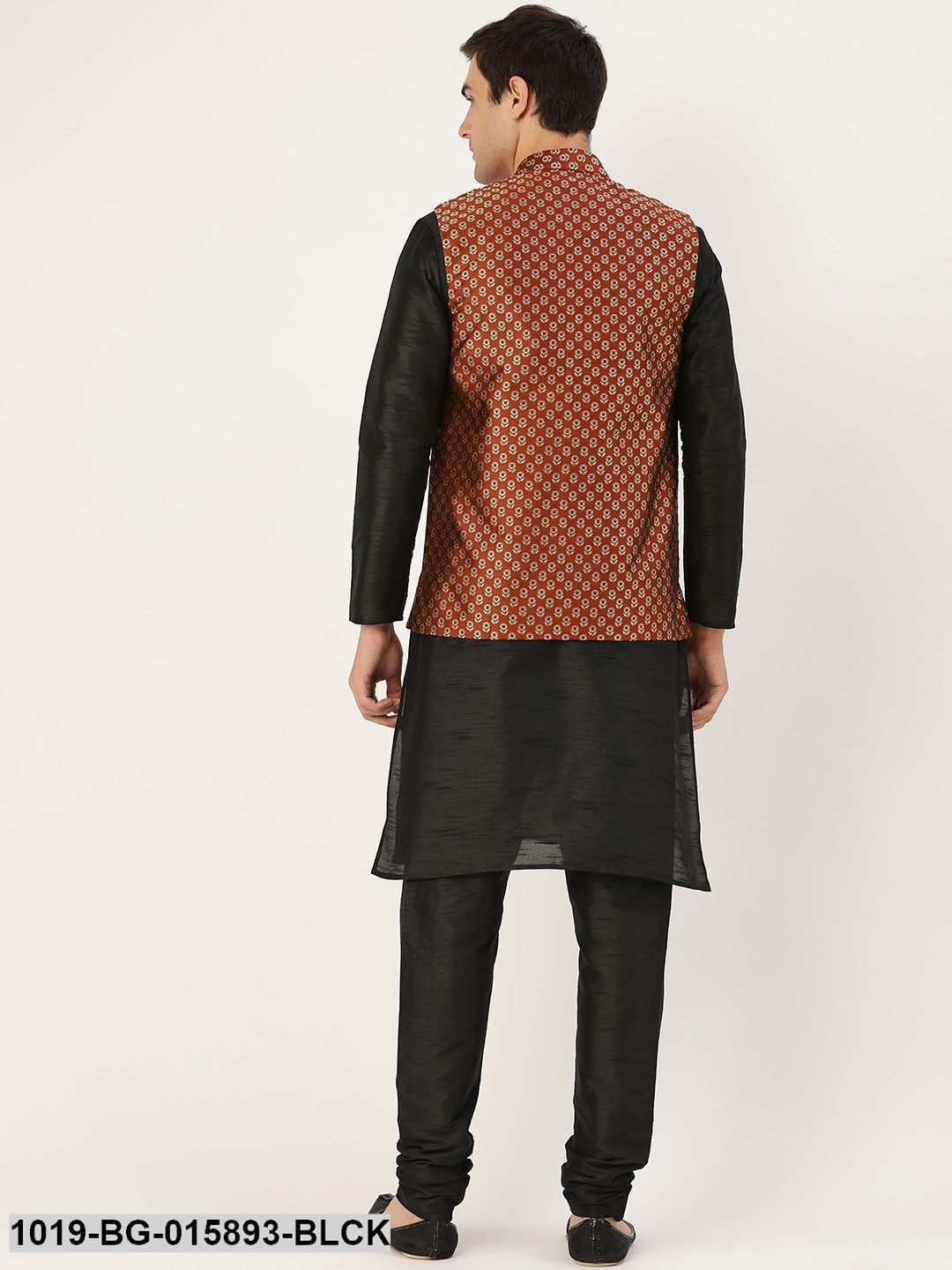 Men's Silk Blend Black Kurta Pyjama & Maroon Nehru jacket Combo