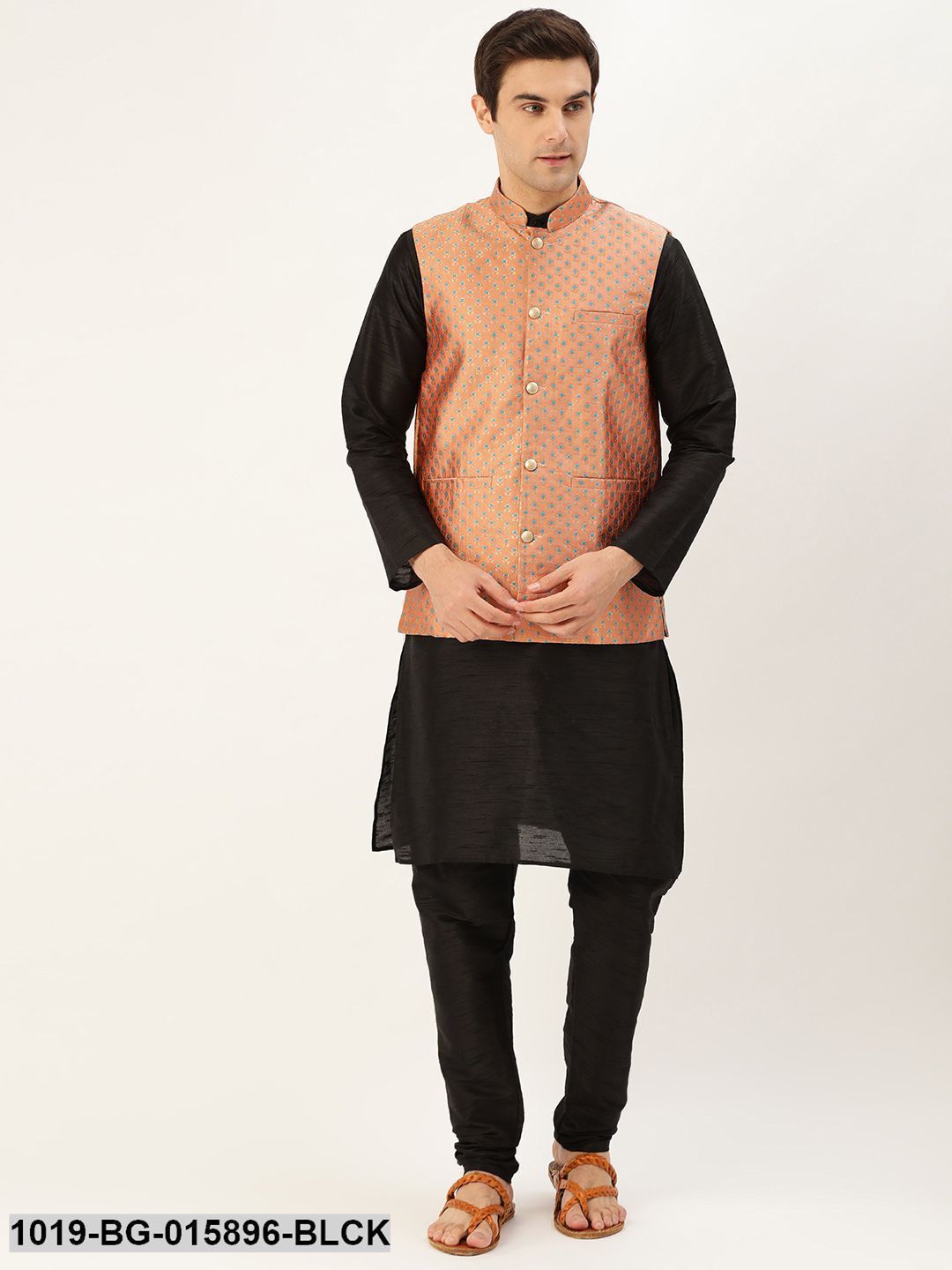 Men's Silk Blend Black Kurta Pyjama & Peach Nehru jacket Combo
