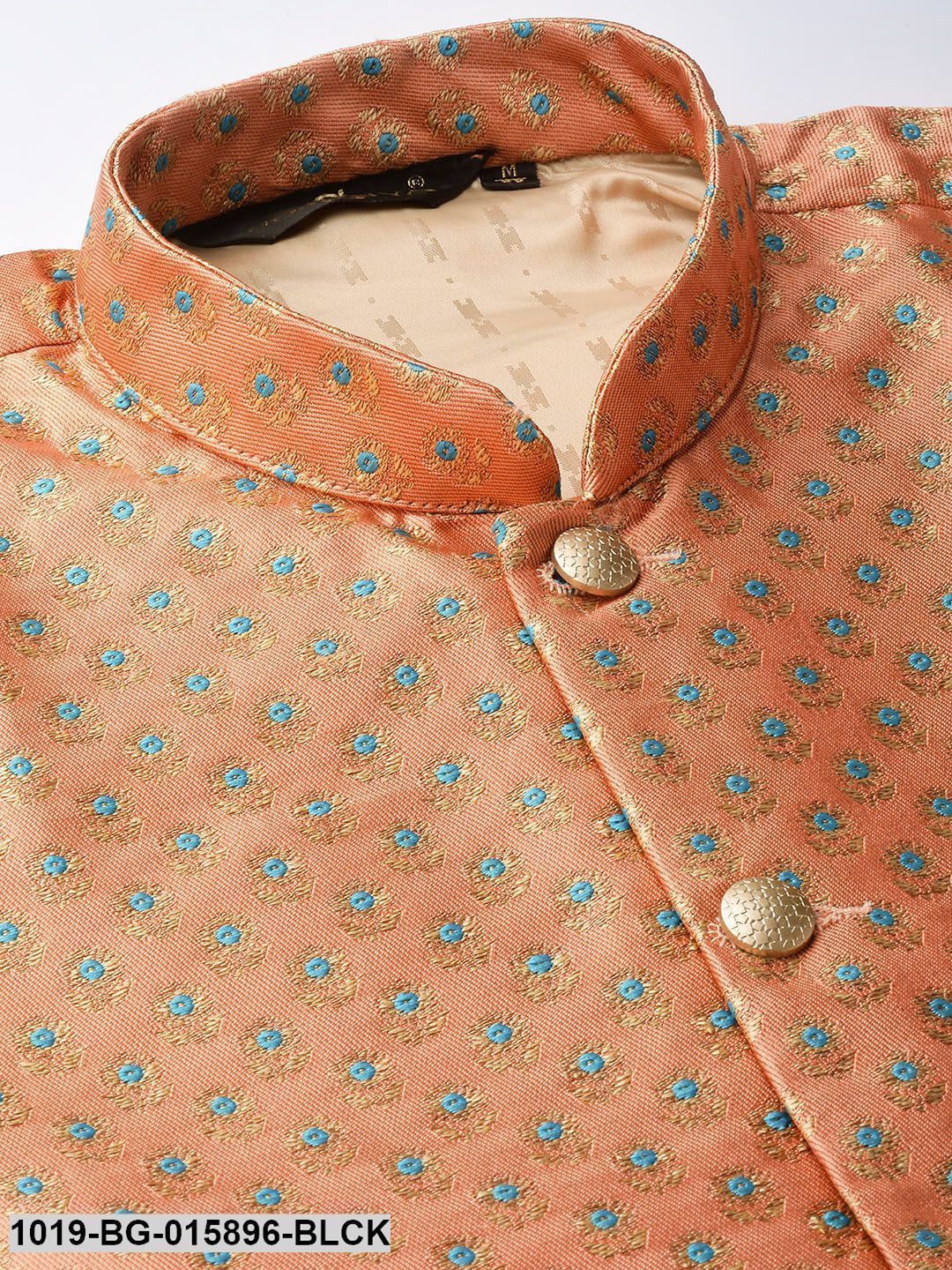 Men's Silk Blend Black Kurta Pyjama & Peach Nehru jacket Combo