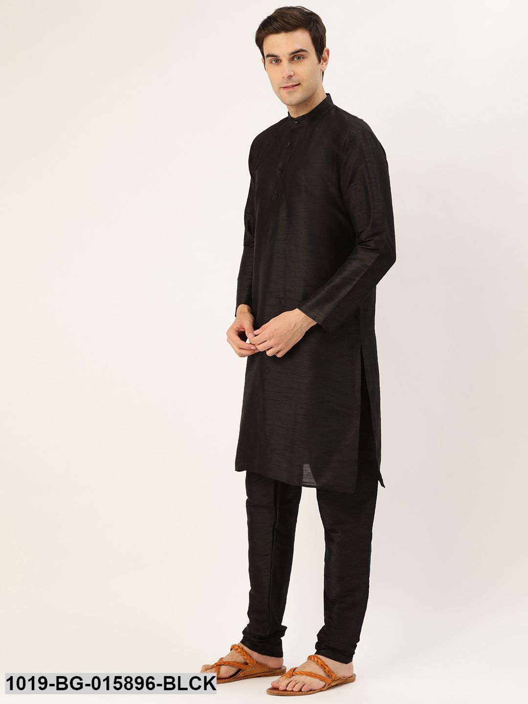 Men's Silk Blend Black Kurta Pyjama & Peach Nehru jacket Combo