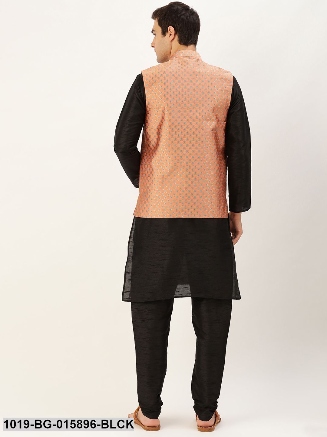 Men's Silk Blend Black Kurta Pyjama & Peach Nehru jacket Combo