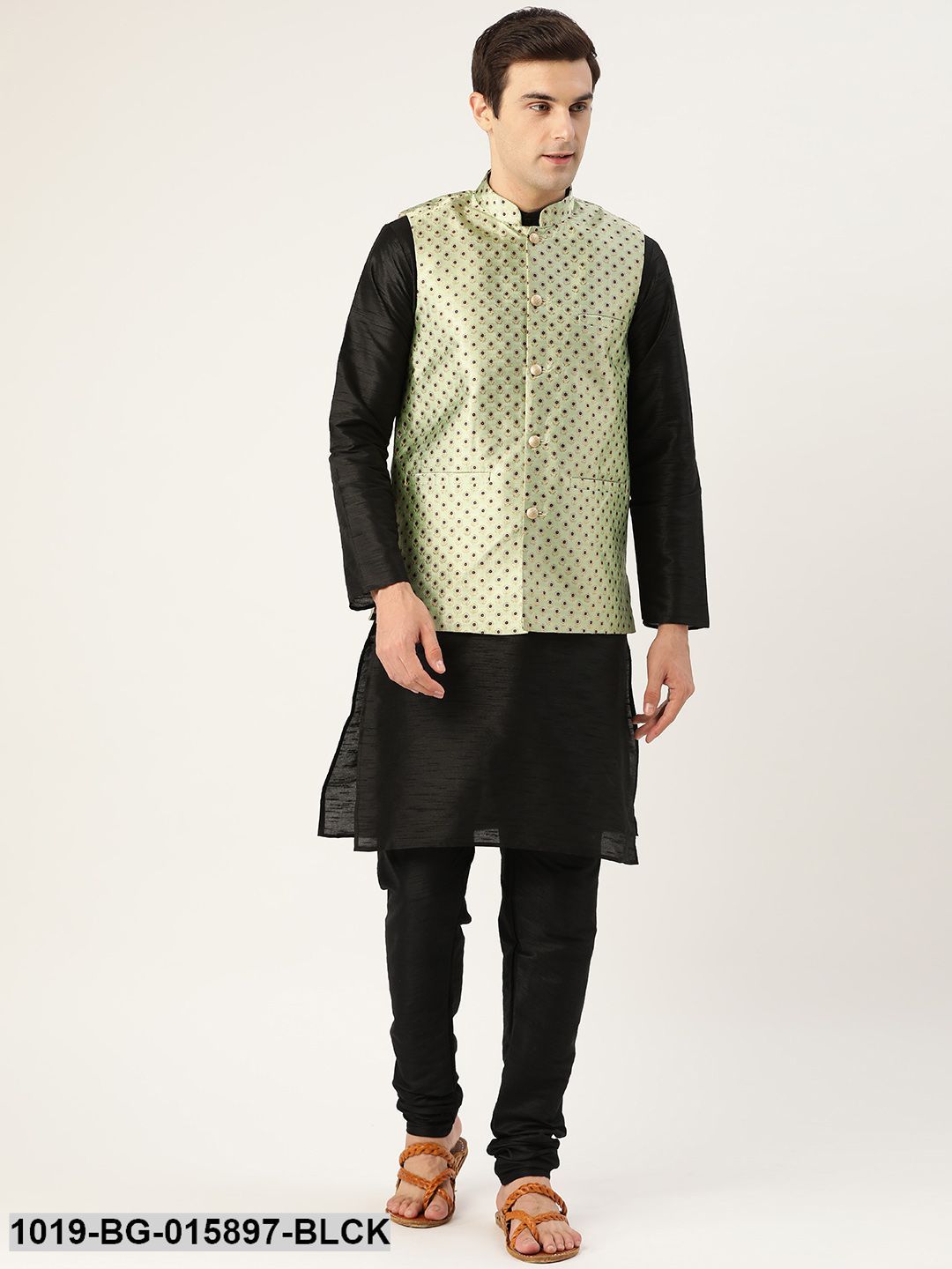 Buy Men's Silk Blend Black Kurta Pyjama & Pista Green Nehru jacket