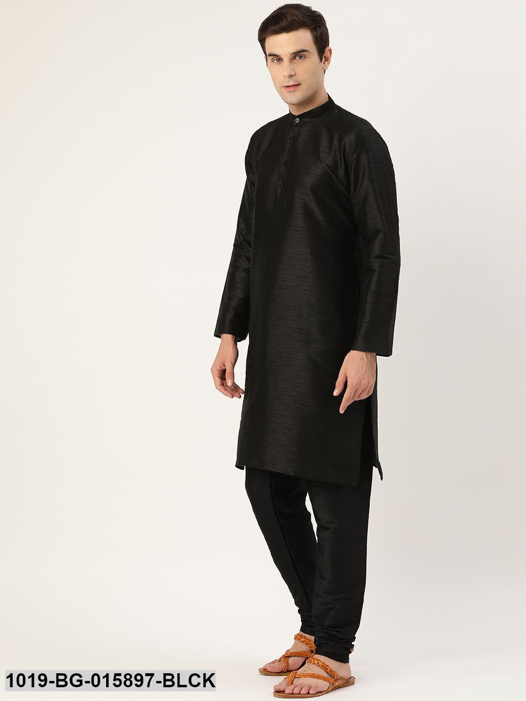 Men's Silk Blend Black Kurta Pyjama & Pista Green Nehru jacket Combo