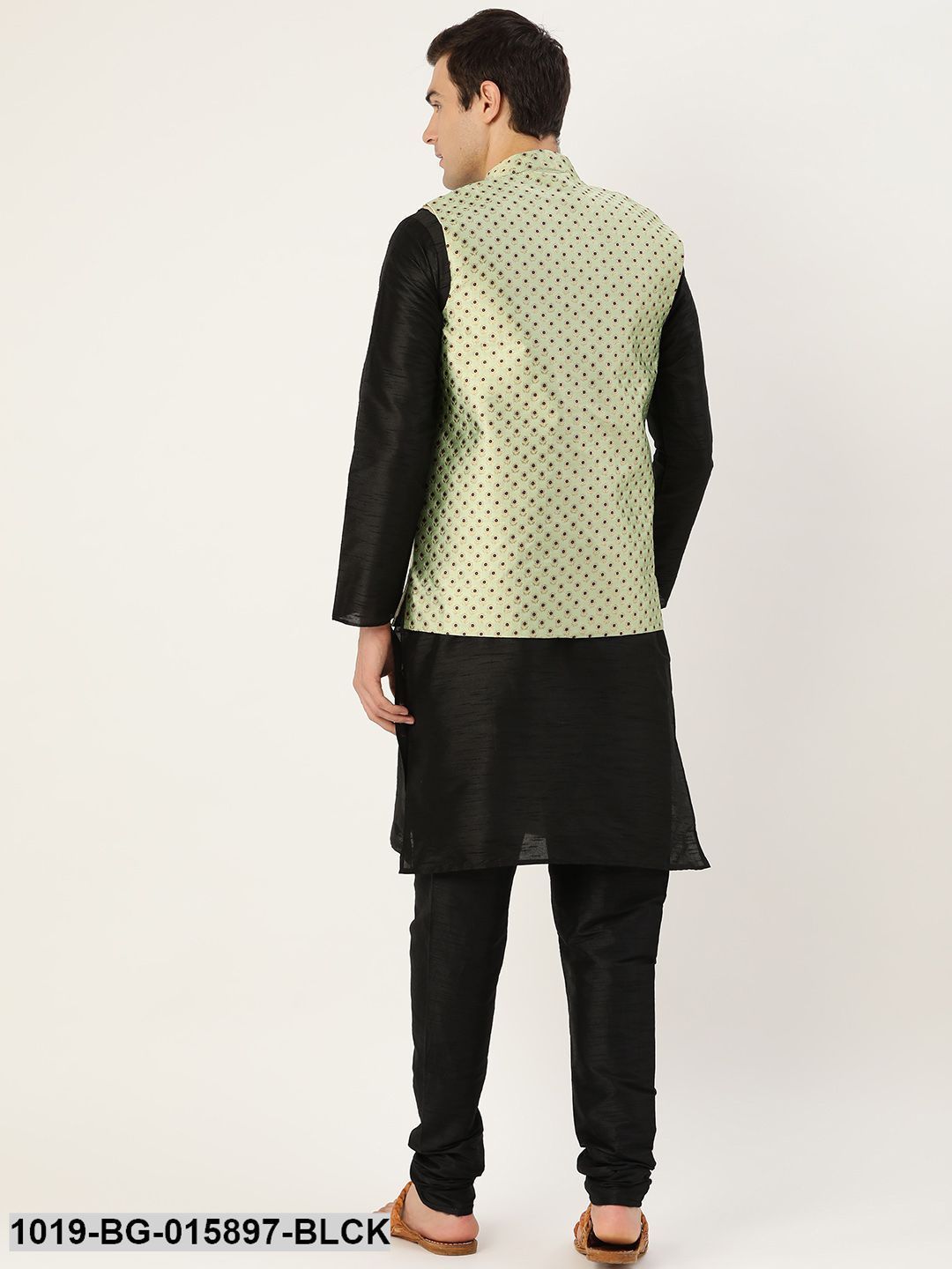 Men's Silk Blend Black Kurta Pyjama & Pista Green Nehru jacket Combo