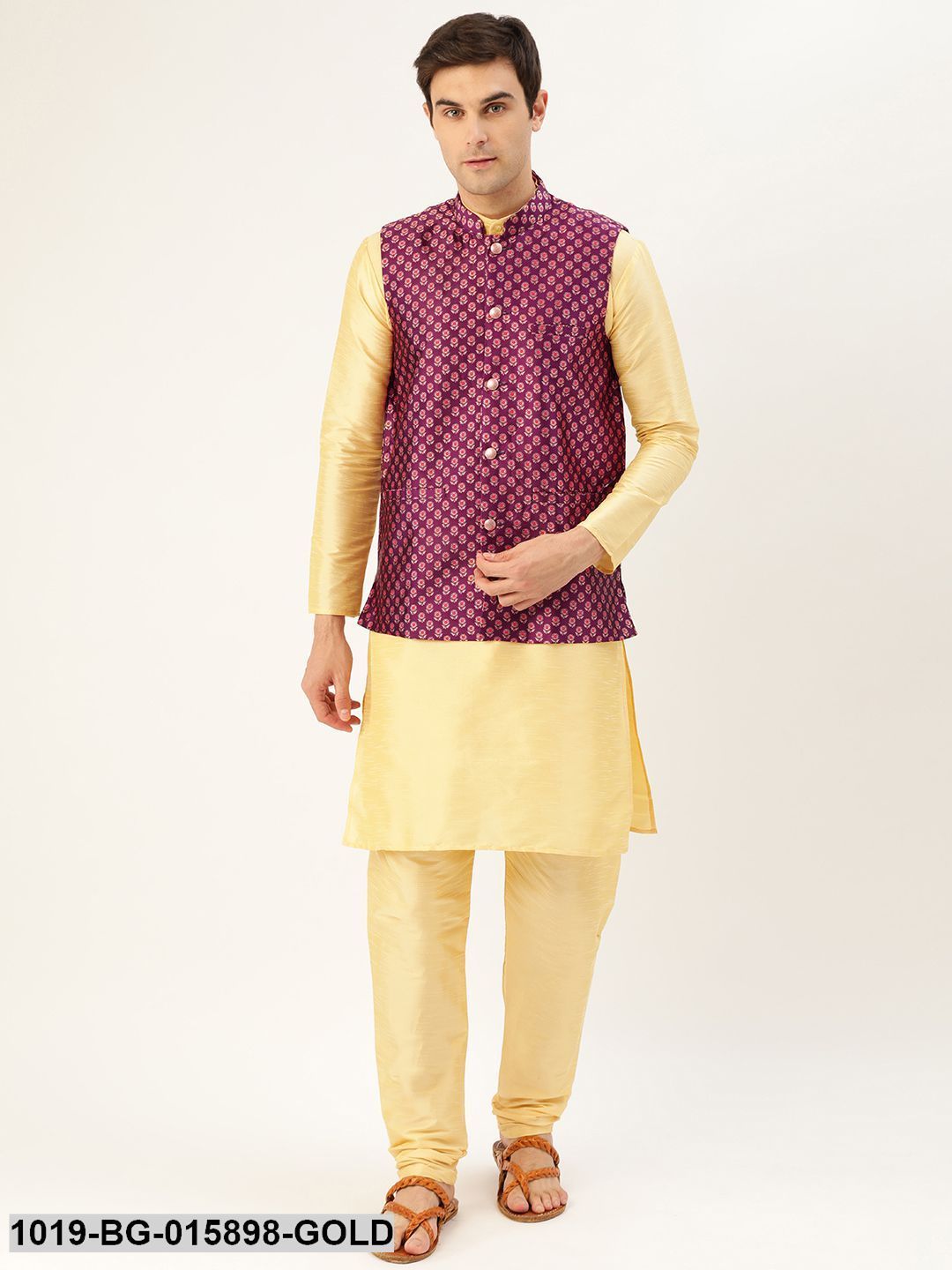 Men's Silk Blend Gold Kurta Pyjama & Wine Nehru jacket Combo
