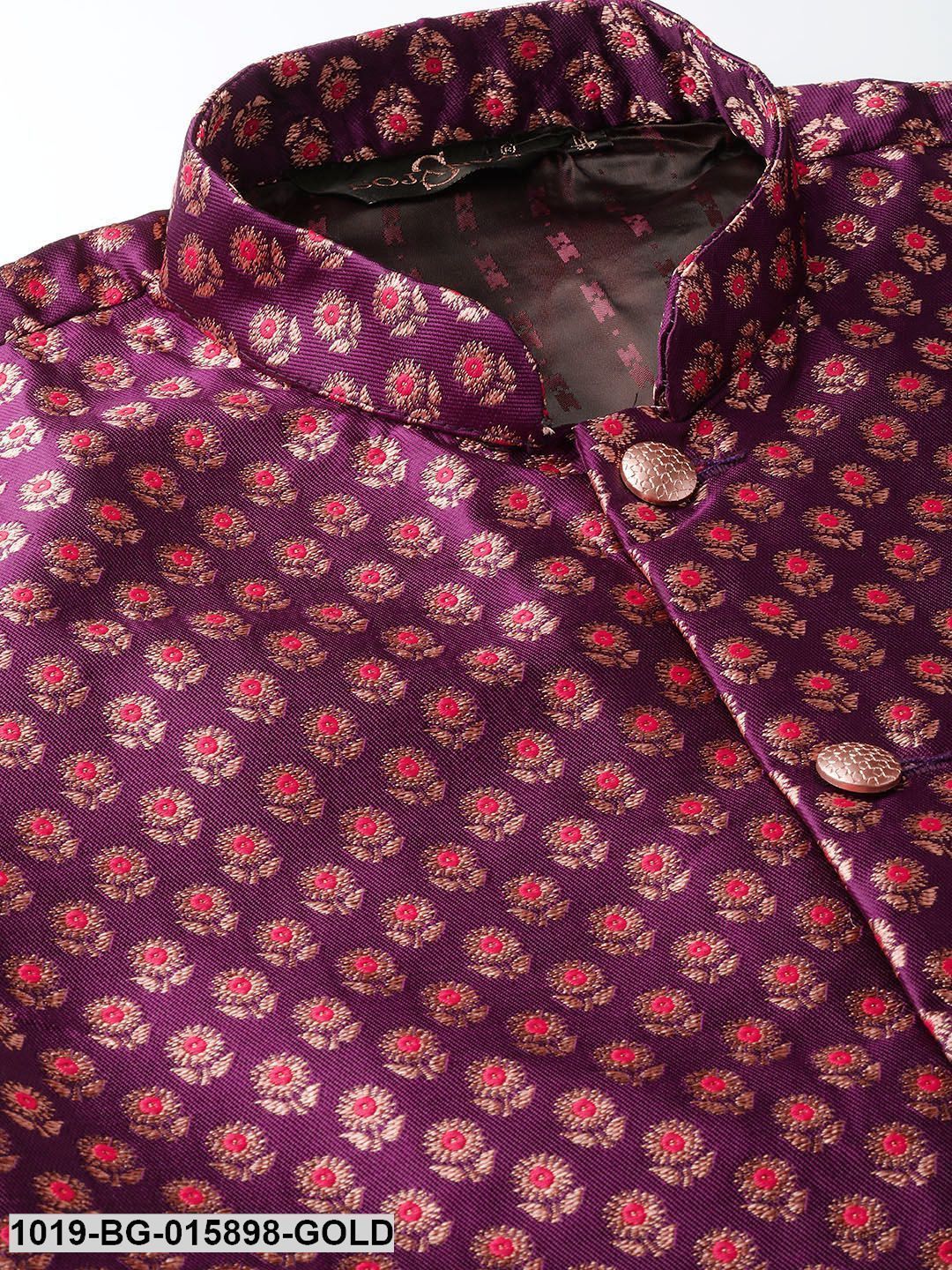 Men's Silk Blend Gold Kurta Pyjama & Wine Nehru jacket Combo