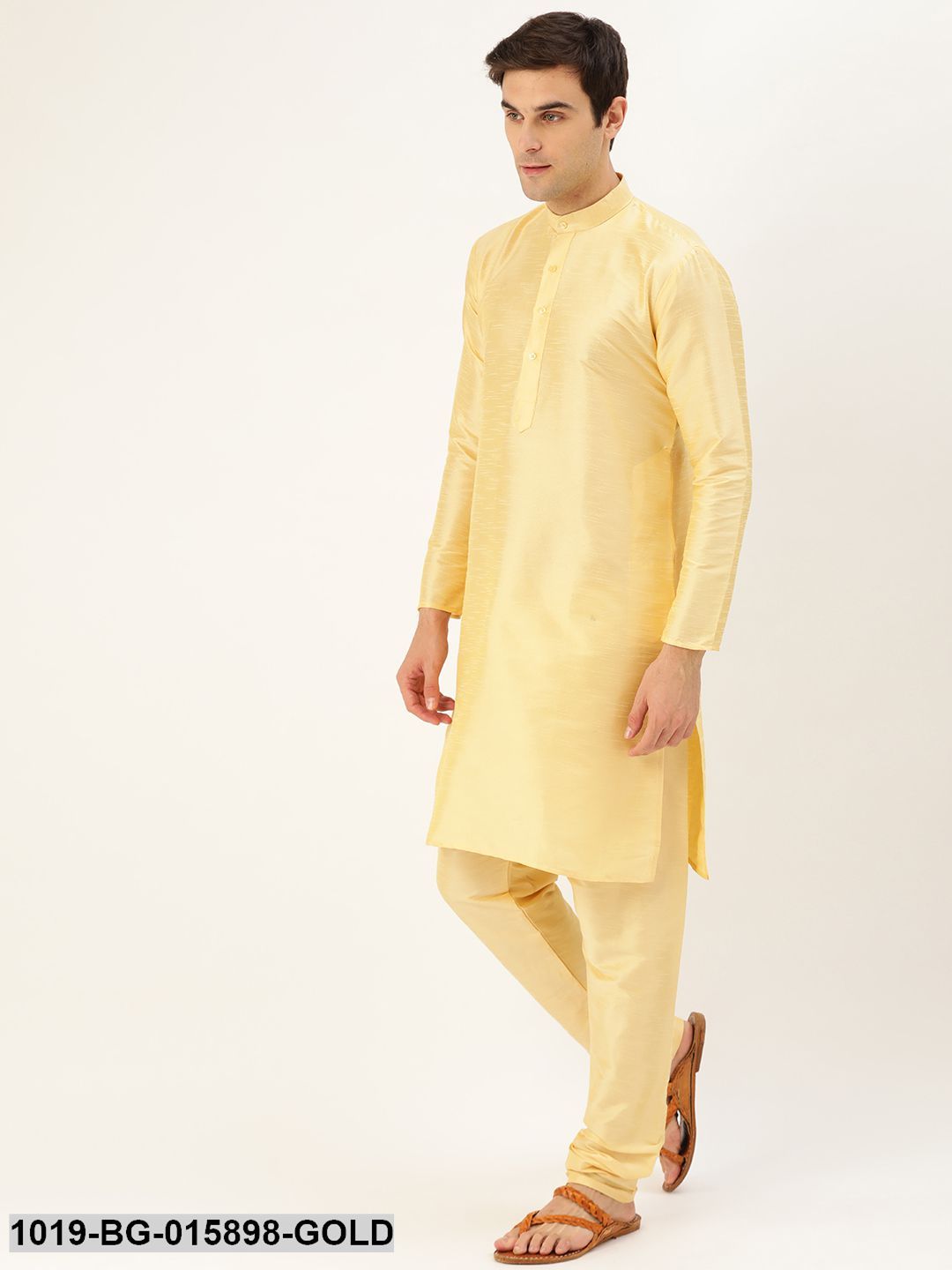 Men's Silk Blend Gold Kurta Pyjama & Wine Nehru jacket Combo