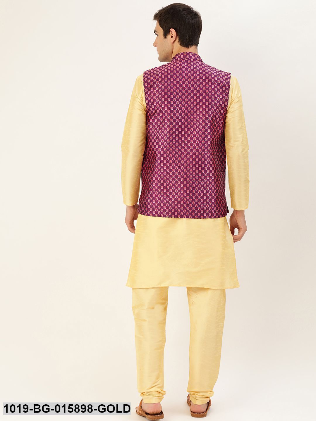 Men's Silk Blend Gold Kurta Pyjama & Wine Nehru jacket Combo