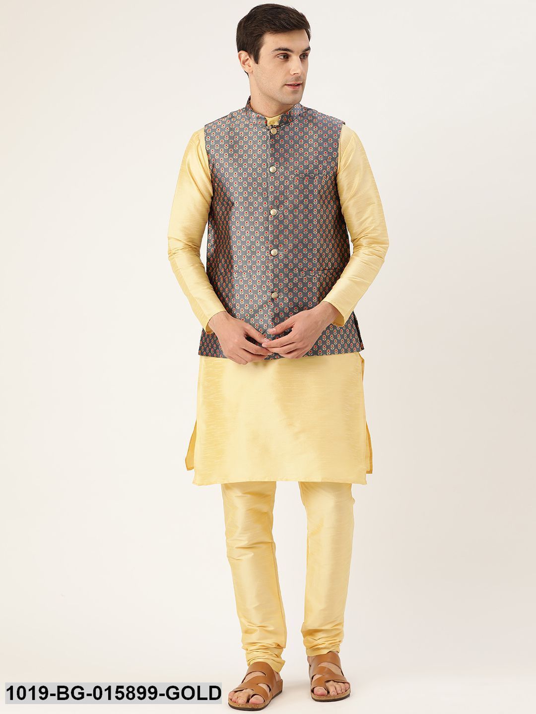 Men's Silk Blend Gold Kurta Pyjama & Charcoal Grey Nehru jacket Combo