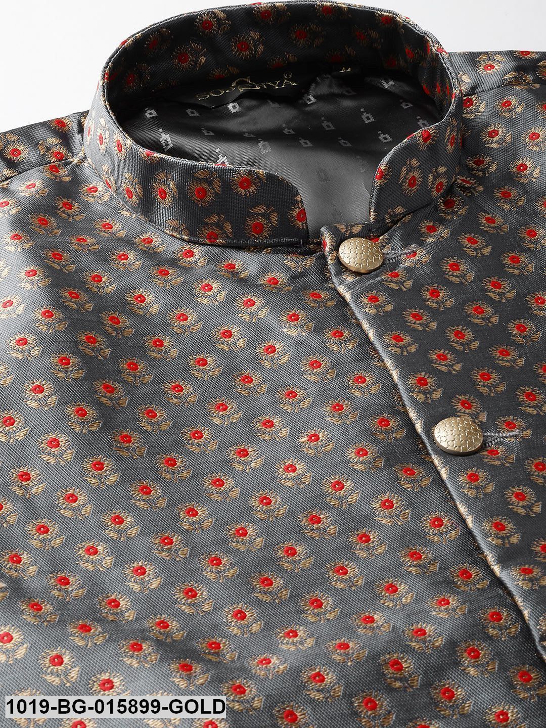 Men's Silk Blend Gold Kurta Pyjama & Charcoal Grey Nehru jacket Combo