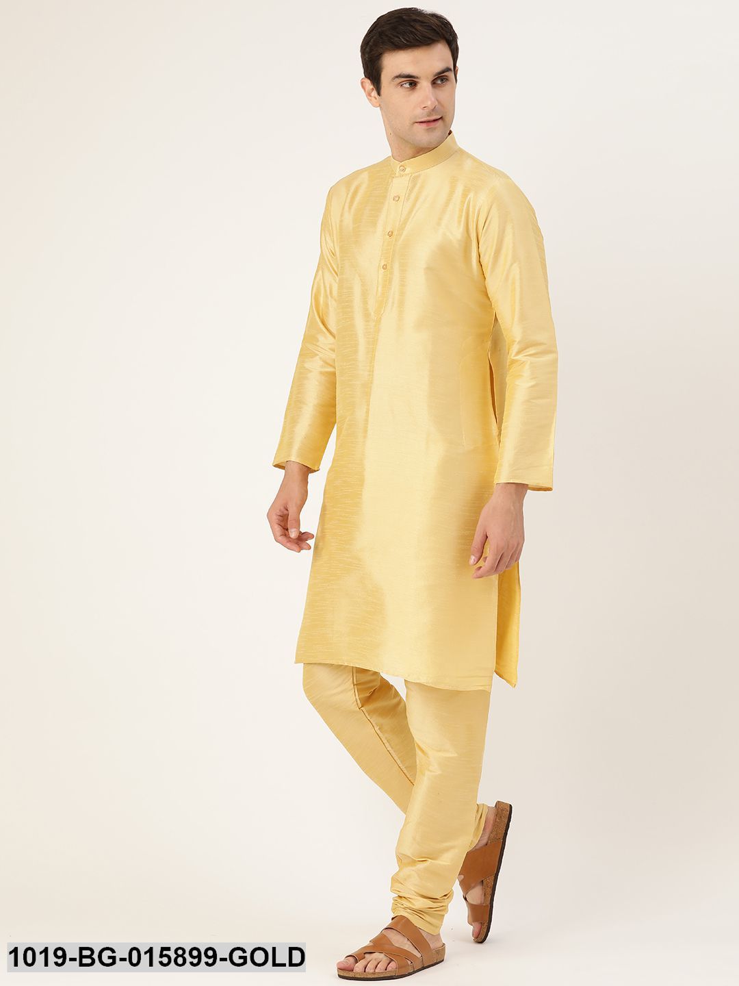 Men's Silk Blend Gold Kurta Pyjama & Charcoal Grey Nehru jacket Combo