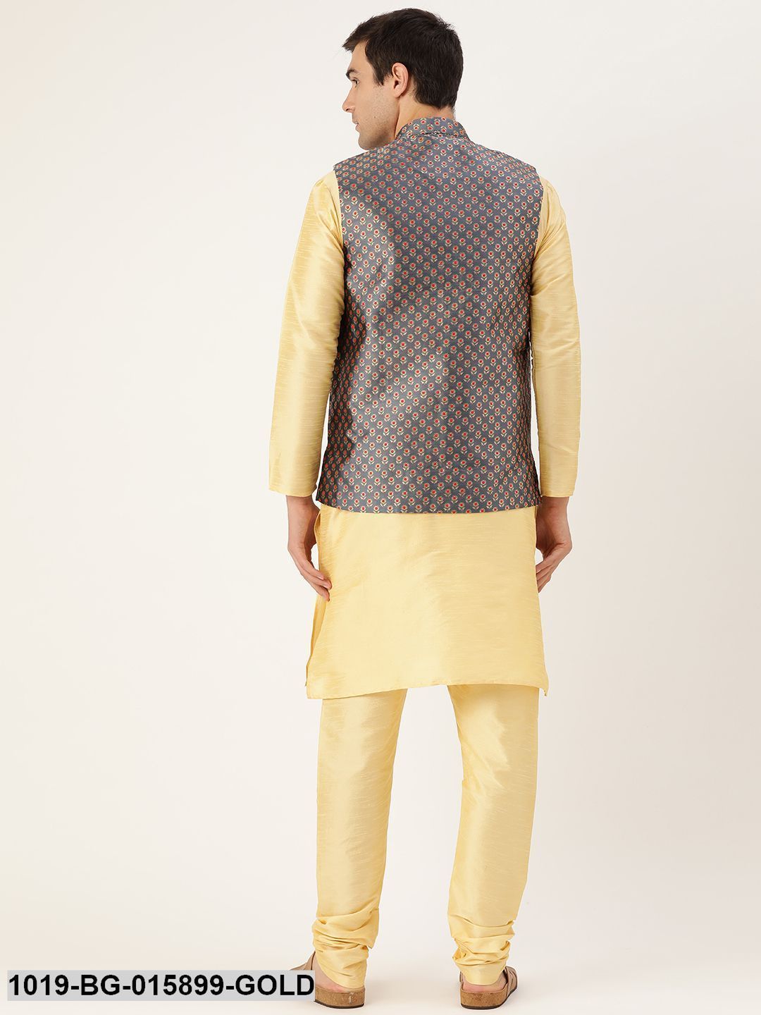 Men's Silk Blend Gold Kurta Pyjama & Charcoal Grey Nehru jacket Combo