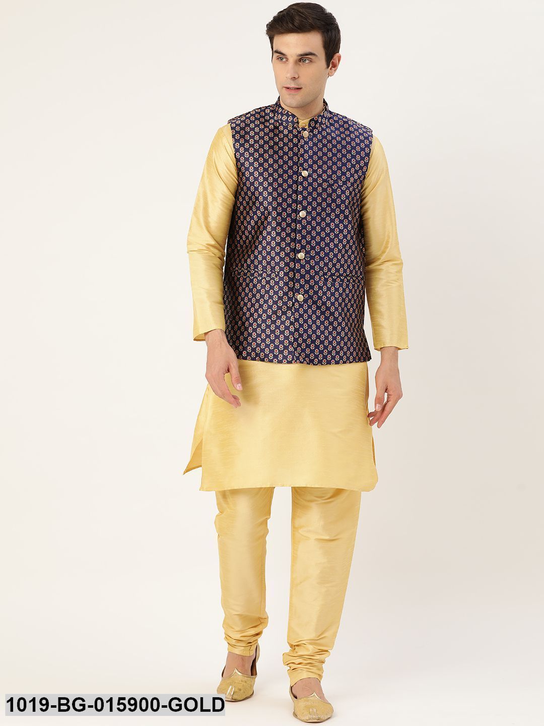Men's Silk Blend Gold Kurta Pyjama & Navy Blue Nehru jacket Combo