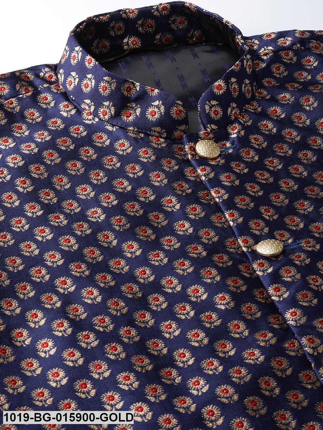 Men's Silk Blend Gold Kurta Pyjama & Navy Blue Nehru jacket Combo