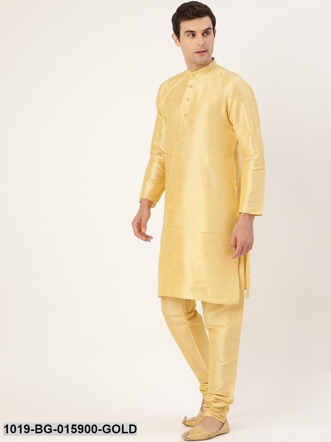 Men's Silk Blend Gold Kurta Pyjama & Navy Blue Nehru jacket Combo