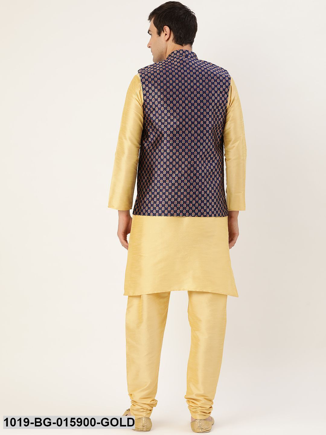 Men's Silk Blend Gold Kurta Pyjama & Navy Blue Nehru jacket Combo