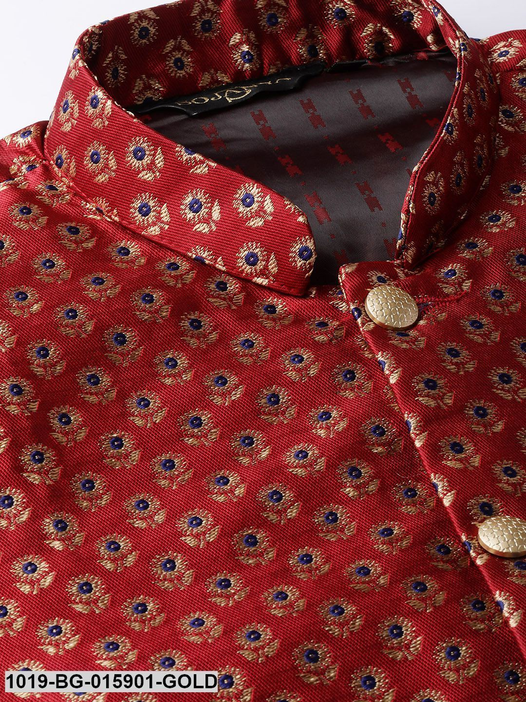 Men's Silk Blend Gold Kurta Pyjama & Maroon Nehru jacket Combo