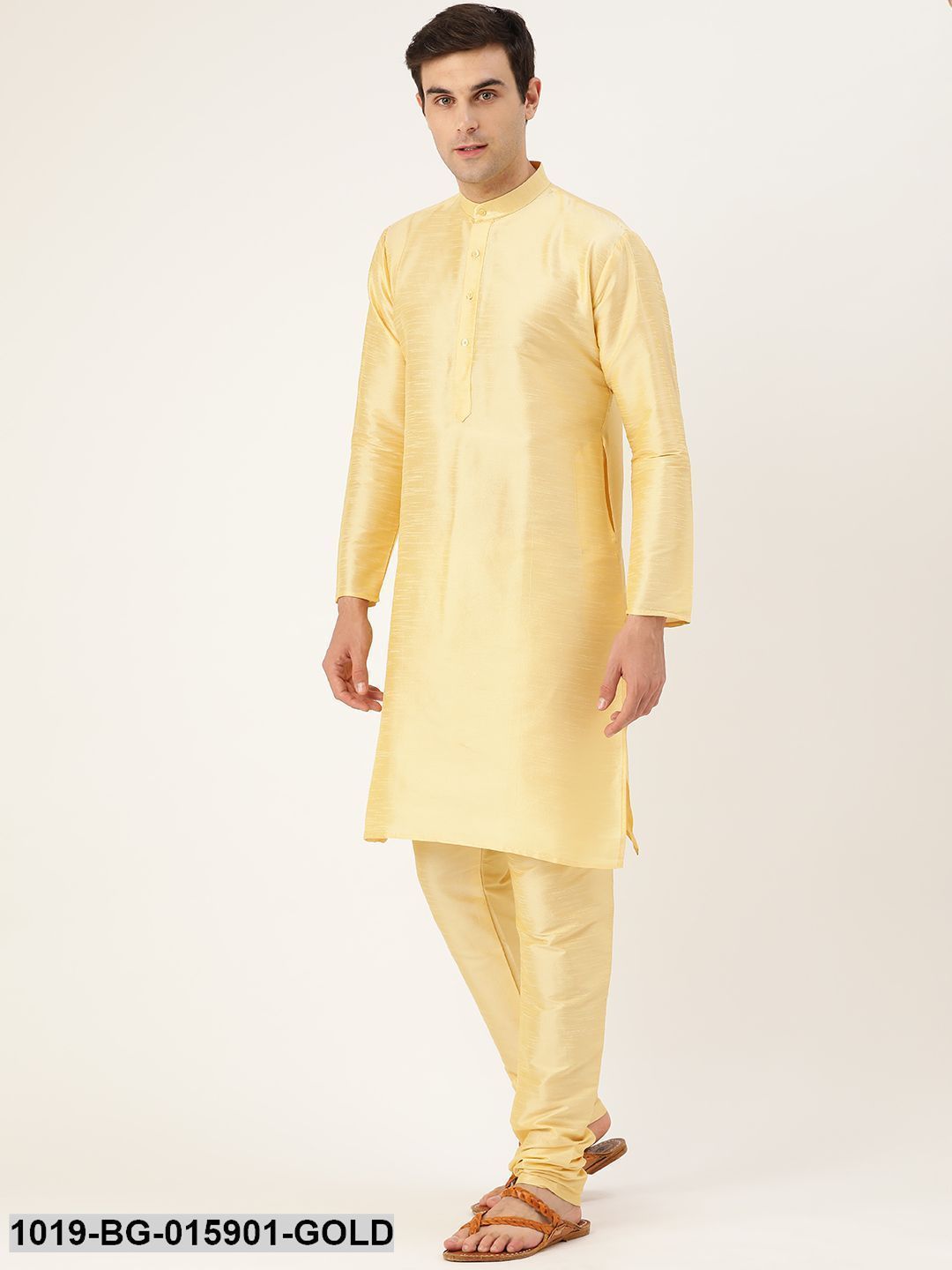 Men's Silk Blend Gold Kurta Pyjama & Maroon Nehru jacket Combo