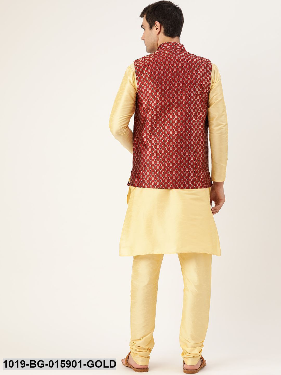 Men's Silk Blend Gold Kurta Pyjama & Maroon Nehru jacket Combo