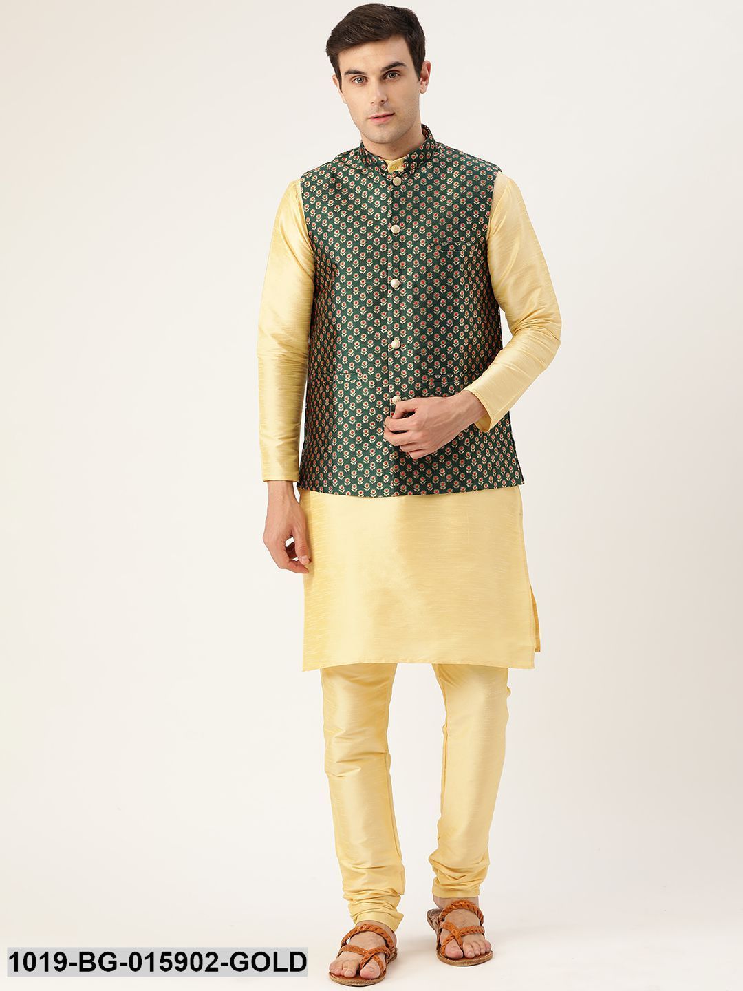 Men's Silk Blend Gold Kurta Pyjama & Dark Green Nehru jacket Combo