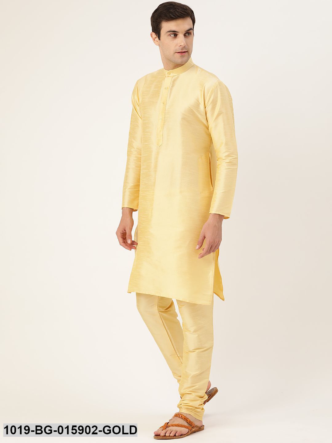 Men's Silk Blend Gold Kurta Pyjama & Dark Green Nehru jacket Combo