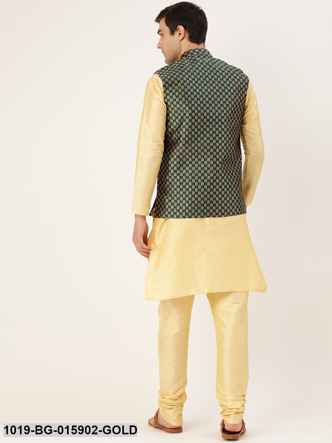 Men's Silk Blend Gold Kurta Pyjama & Dark Green Nehru jacket Combo