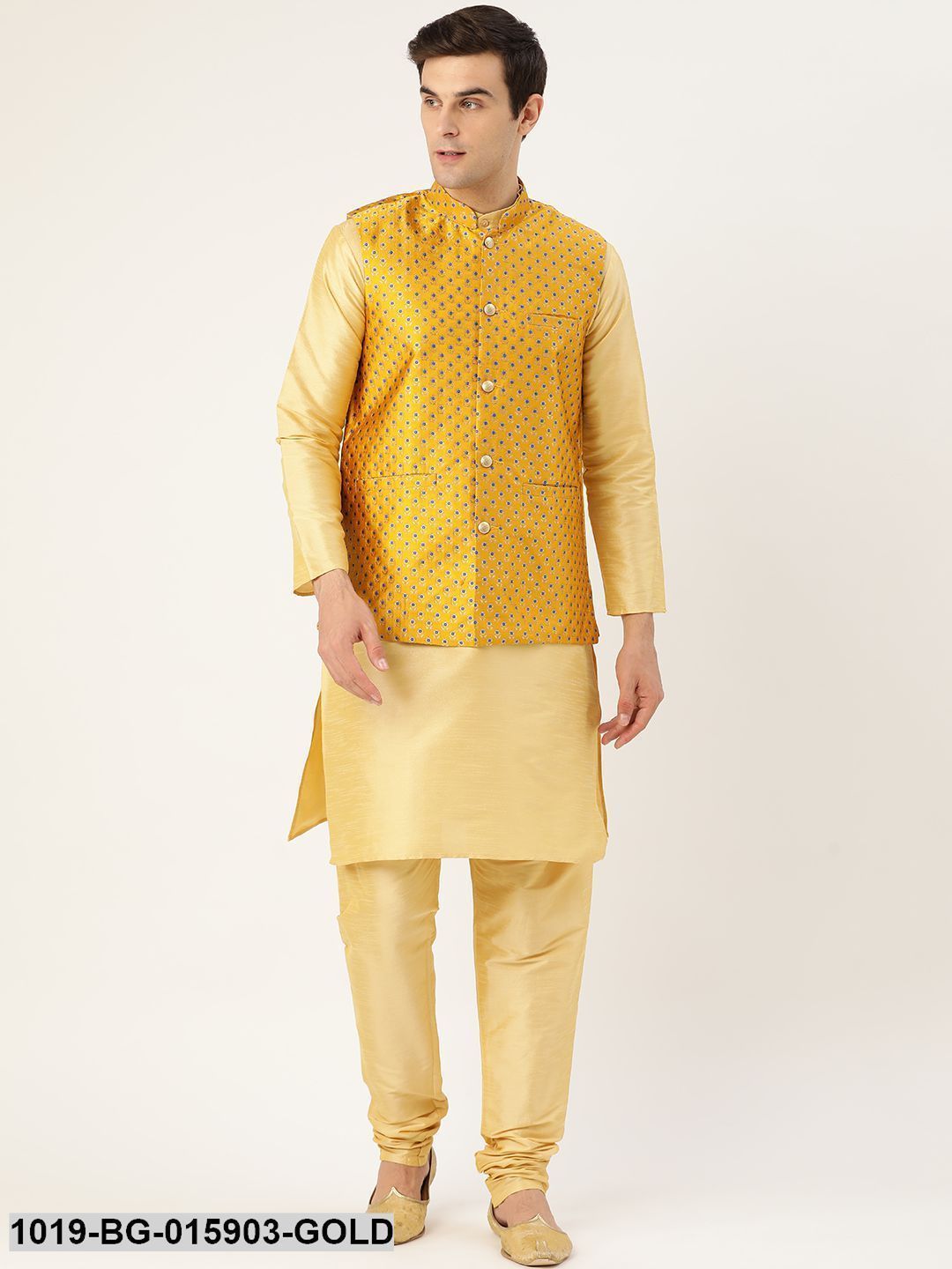 Men's Silk Blend Gold Kurta Pyjama & Mustard Nehru jacket Combo